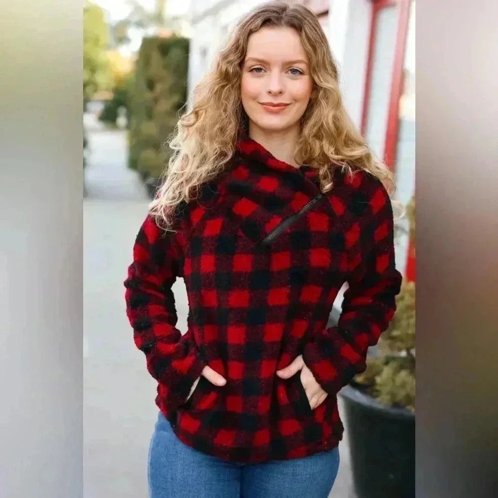 Cozy Red Sherpa Plaid Asymmetrical Zip Sweater Top